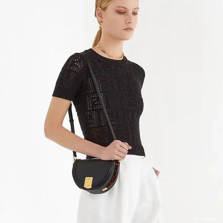 Affordable Black Leather Calf ROMA Bag In Fendi Logo Moonlight 0413 HOT SALE